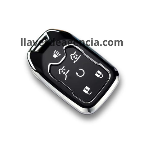 Detalle de funda protectora TPU negro brillante con iconos dorados para llave de presencia Chevrolet GMC 6 botones acabado espejo premium elegante y exclusivo