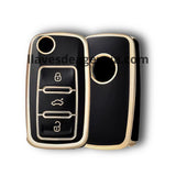 Vista detalle de funda protectora TPU negro brillante para llave Volkswagen Golf Jetta Passat Tiguan Polo Beetle Skoda Octavia Seat León mostrando acabado premium resistente al agua, material suave al tacto fácil limpieza