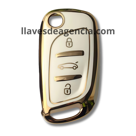 Funda TPU premium para llave MG blanco con bordes dorados, acabado suave al tacto, resistente al agua y fácil limpieza