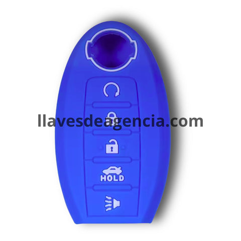 Funda protectora de silicón azul antideslizante para llave de presencia inteligente Nissan e Infiniti con 5 botones incluyendo arranque remoto, cerrar, abrir, cajuela y pánico, compatible con Sentra, Altima, Murano, Pathfinder, Maxima, Rogue, Qashqai, X-Trail, QX60, JX35 2013-2017, calidad de horno resistente a altas temperaturas
