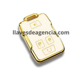 Detalle funda protectora TPU blanco brillante con iconos dorados llave Chevrolet Silverado Cheyenne Colorado GMC Sierra Canyon Yukon 4 botones acabado espejo premium elegante y única