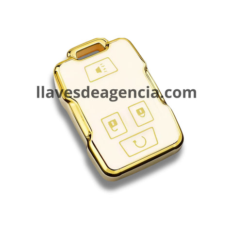 Detalle funda protectora TPU blanco brillante con iconos dorados llave Chevrolet Silverado Cheyenne Colorado GMC Sierra Canyon Yukon 4 botones acabado espejo premium elegante y única