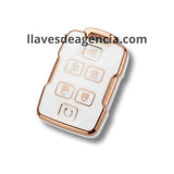 Detalle funda protectora TPU blanco brillante con iconos dorados llave Chevrolet Suburban Tahoe Yukon GMC Acadia Terrain 6 botones acabado espejo premium elegante y sofisticada