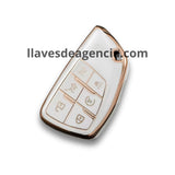 Detalle funda protectora TPU blanco brillante con iconos dorados llave inteligente smart key Chevrolet Yukon Tahoe Suburban GMC Terrain Buick Envision Avenir 6 botones acabado espejo premium