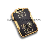 Detalle funda protectora TPU negro brillante con iconos dorados llave Chevrolet Silverado Cheyenne Colorado GMC Sierra Canyon Yukon 4 botones acabado espejo premium elegante y exclusiva
