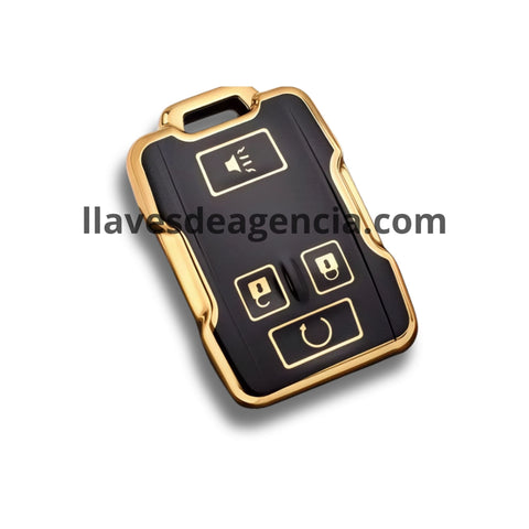 Detalle funda protectora TPU negro brillante con iconos dorados llave Chevrolet Silverado Cheyenne Colorado GMC Sierra Canyon Yukon 4 botones acabado espejo premium elegante y exclusiva