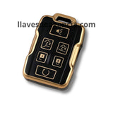 Detalle funda protectora TPU negro brillante con iconos dorados llave Chevrolet Suburban Tahoe Yukon GMC Acadia Terrain 6 botones acabado espejo premium elegante y exclusiva
