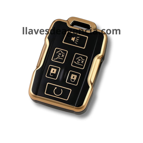Detalle funda protectora TPU negro brillante con iconos dorados llave Chevrolet Suburban Tahoe Yukon GMC Acadia Terrain 6 botones acabado espejo premium elegante y exclusiva