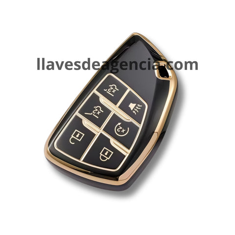 Detalle funda protectora TPU negro brillante con iconos dorados llave inteligente smart key Chevrolet Yukon Tahoe Suburban GMC Terrain Buick Envision Avenir 6 botones acabado espejo premium