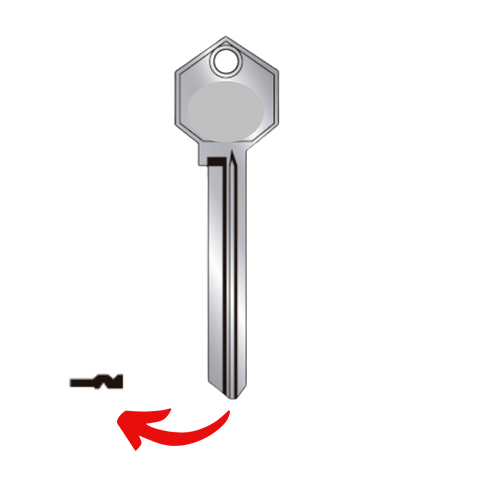 Llave virgen LOCK LO-58 fabricada en bronce con cubierta de níquel, compatible con Austral LO-58, Alba R58 y JMA LOC-5D para candados y cerraduras cilindro, requiere corte por cerrajero profesional